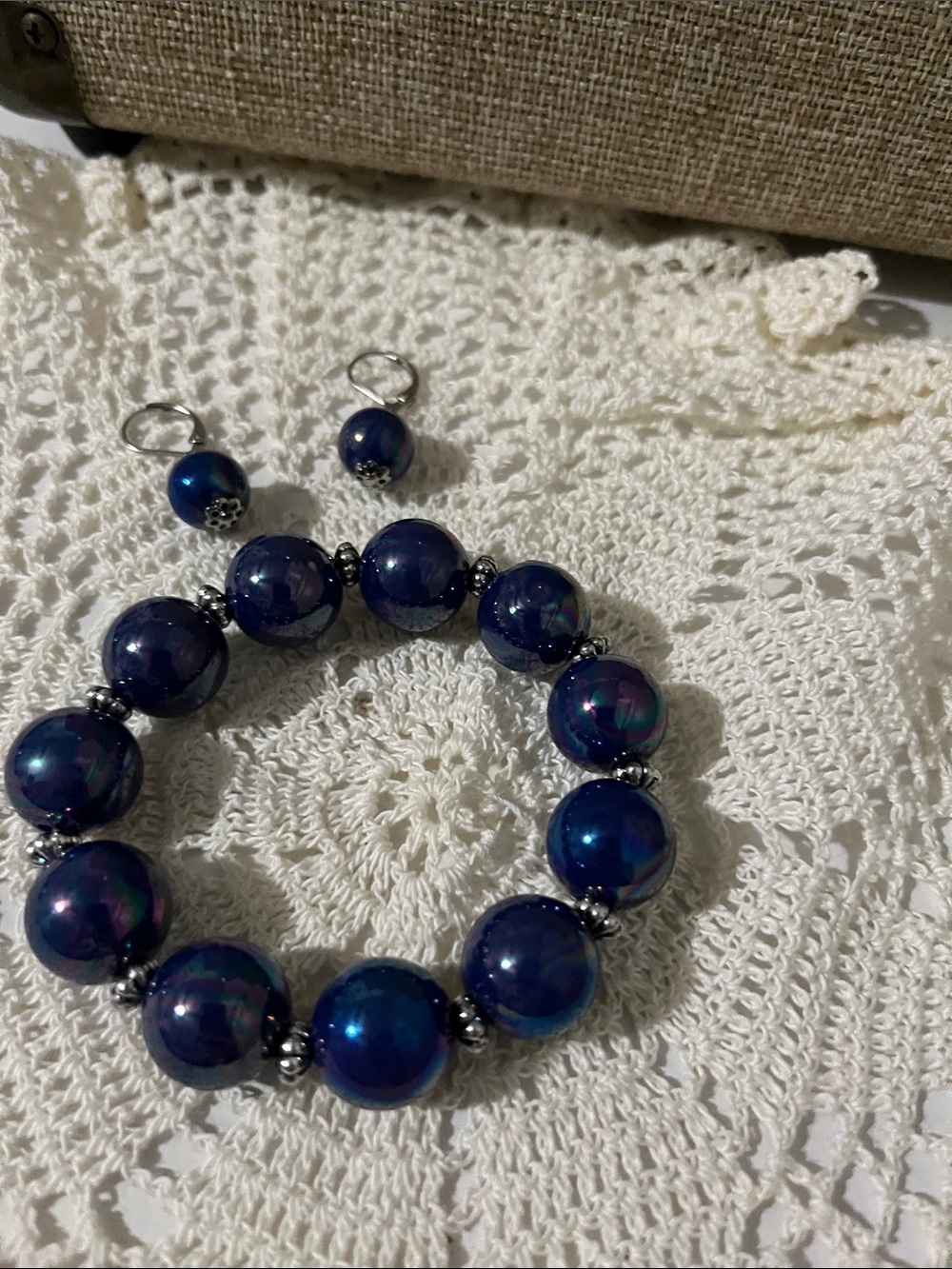 Elegant Navy Blue Iridescent Bead Bracelet and Earrings Set